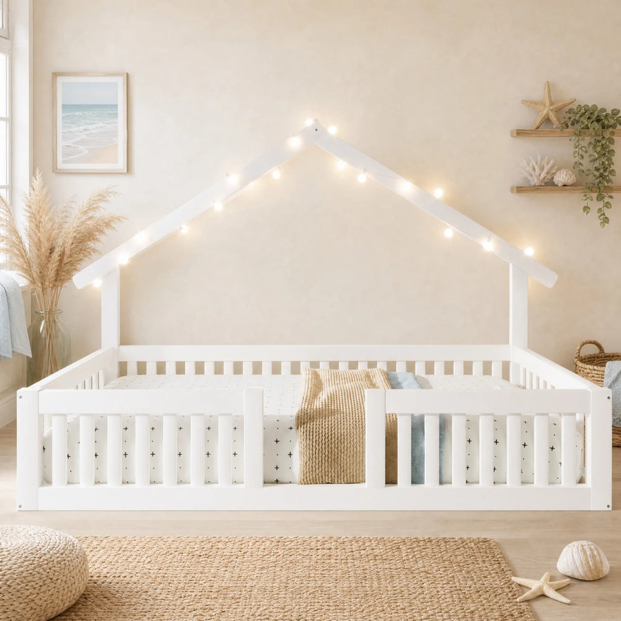 Lit cabane Flocon blanc avec guirlande lumineuse