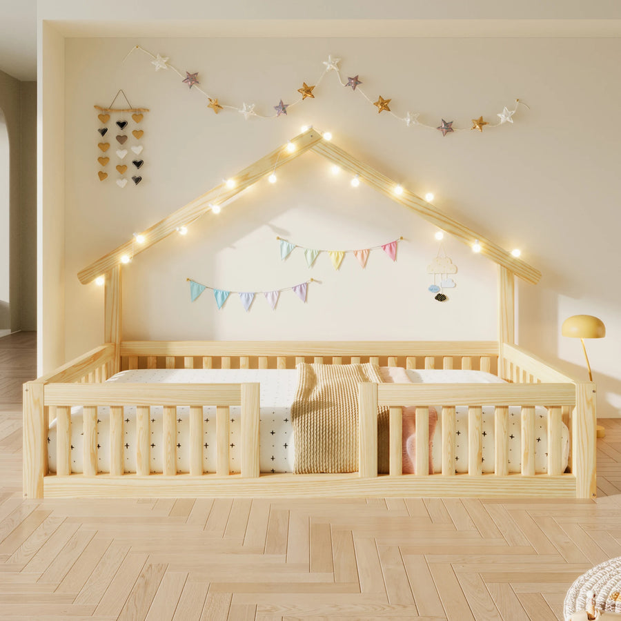 Lit cabane Lueur en pin naturel avec guirlande lumineuse